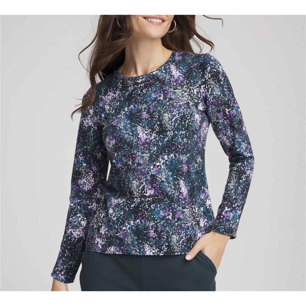 Chico's Zenergy Size-3 Abstract Print Long-Sleeve Soft Brushed Scattered Top